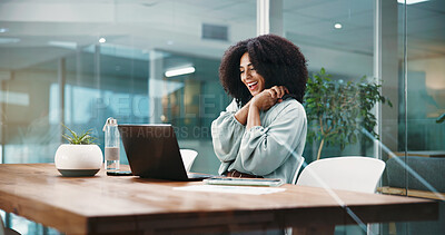 Buy stock photo Laptop, smile and success with business woman in office for goals, good news or milestone. Achievement, computer and surprise with excited employee at work for celebration of bonus or promotion
