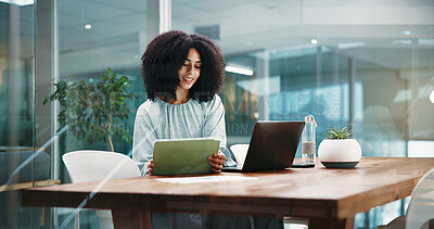 Buy stock photo Tablet, laptop and business woman online for finance report, proposal and investment research. Professional, corporate and person on digital tech for financial planning, risk assessment and budget