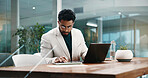 Businessman, laptop and tablet for planning, feedback and schedule in office. Employee, HR manager and person with computer, thinking and project management for research proposal or report review