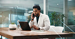 Man, laptop and phone call at night with finance review, discussion and networking at office. Person, accountant and smartphone with computer for overtime, feedback or contact for results at company