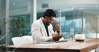 Buy stock photo Business, celebration and man in office, smartphone and cheering with email for promotion. Happy person, excited and employee in workplace, achievement and cellphone with bonus, winning and success