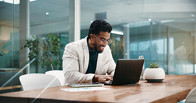 Buy stock photo Businessman, laptop and typing with smile for finance review, problem solving and stats report at night. Person, accountant and click computer with overtime, feedback and analysis results at office