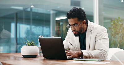 Buy stock photo Confused, reading and business man on laptop for finance review, risk assessment and budget report. Corporate, professional and person on computer for research, financial planning and online audit