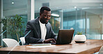 Business, success or black man with laptop, thinking or excited with kpi target, profit growth or email. African person, pc or employee in office, internet or company website with investment or bonus