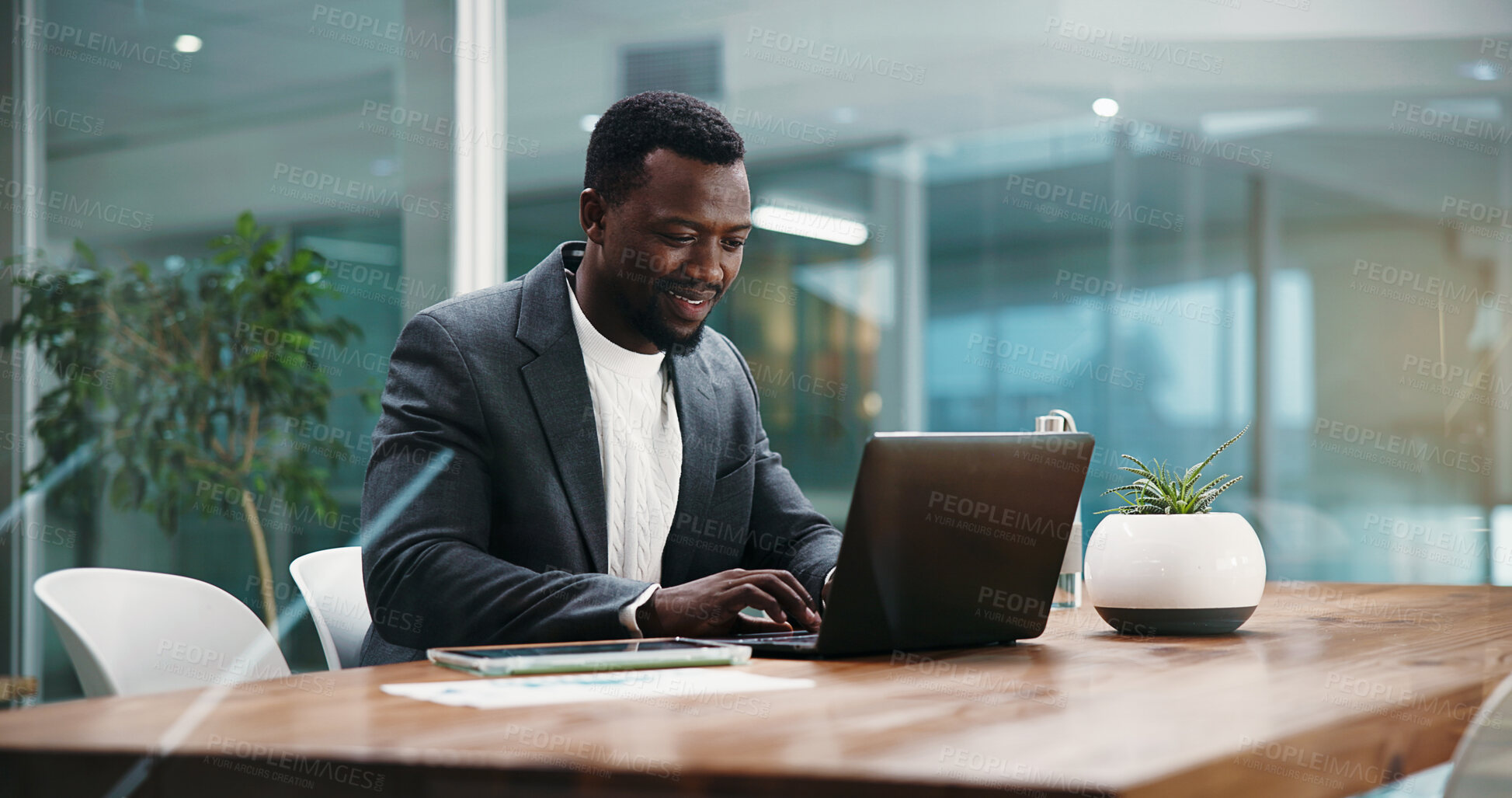 Buy stock photo Business, typing and black man in office, laptop and connection with company website information. African person, employee and consultant in workplace, computer and network with email and internet