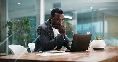Buy stock photo Worried, accountant and man with laptop in office, employee and mistake on financial report and web. Thinking, bookkeeper and black person with pressure for audit, research and anxious with tech