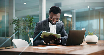 Buy stock photo Laptop, tablet and black man in office with research for finance report, planning or proposal. Happy, digital technology and African male financial manager with computer for business investment.