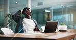 Excited, laptop and business black man in office for investment success, profit and promotion. Happy, corporate and person on computer for financial review, revenue increase and stock market news