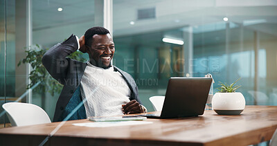 Buy stock photo Excited, laptop and business black man in office for investment success, profit and promotion. Happy, corporate and person on computer for financial review, revenue increase and stock market news