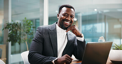 Buy stock photo Portrait, business and happy black man with laptop in office as corporate wealth consultant. African person, computer and confident worker with smile, about us and ambition as financial advisor