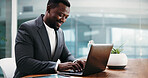 Laptop, typing and black man in office with finance project for online client with investment proposal. Technology, research and African financial manager with computer for budget report in workplace