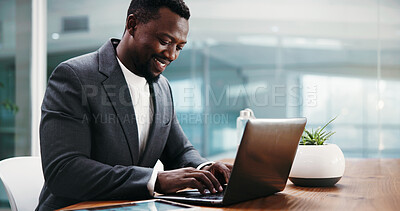 Buy stock photo Laptop, typing and black man in office with finance project for online client with investment proposal. Technology, research and African financial manager with computer for budget report in workplace