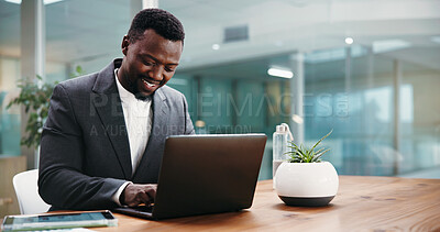 Buy stock photo Laptop, research and black man in office with report for finance with online client for investment plan. Tech, typing and African financial manager with computer for budget proposal in workplace.