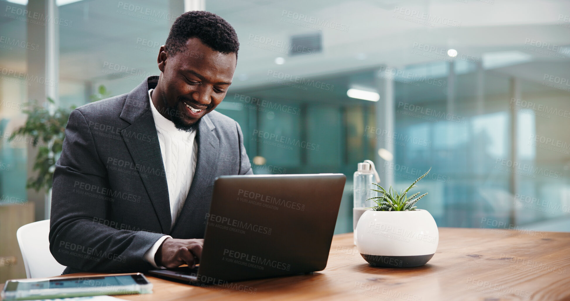 Buy stock photo Laptop, research and black man in office with report for finance with online client for investment plan. Tech, typing and African financial manager with computer for budget proposal in workplace.