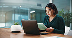Laptop, tablet and businesswoman in office with research for finance report, planning or proposal. Corporate, digital technology and female financial manager with computer for  company investment.