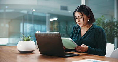 Buy stock photo Laptop, tablet and businesswoman in office with research for finance report, planning or proposal. Corporate, digital technology and female financial manager with computer for  company investment.