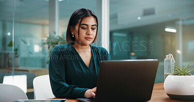 Buy stock photo Woman, laptop and typing at night with finance review, problem solving and profit report at office. Person, accountant and click computer with overtime, feedback and analysis results at company
