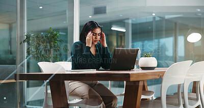Buy stock photo Woman, headache and anxiety with laptop in office for mistake, financial crisis or debt. Female person, employee or accountant with migraine, stress or strain on computer for deadline or bankruptcy