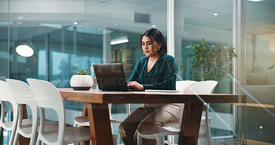 Buy stock photo Laptop, research and typing with business woman in office for social media agency, branding and email. Marketing campaign, project launch and client feedback with person in startup for planning