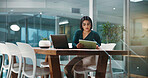 Tablet, laptop and business woman in office for finance report, proposal and investment research. professional, corporate and person on digital tech for financial planning, risk assessment and budget