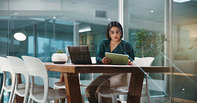 Buy stock photo Tablet, laptop and business woman in office for finance report, proposal and investment research. professional, corporate and person on digital tech for financial planning, risk assessment and budget