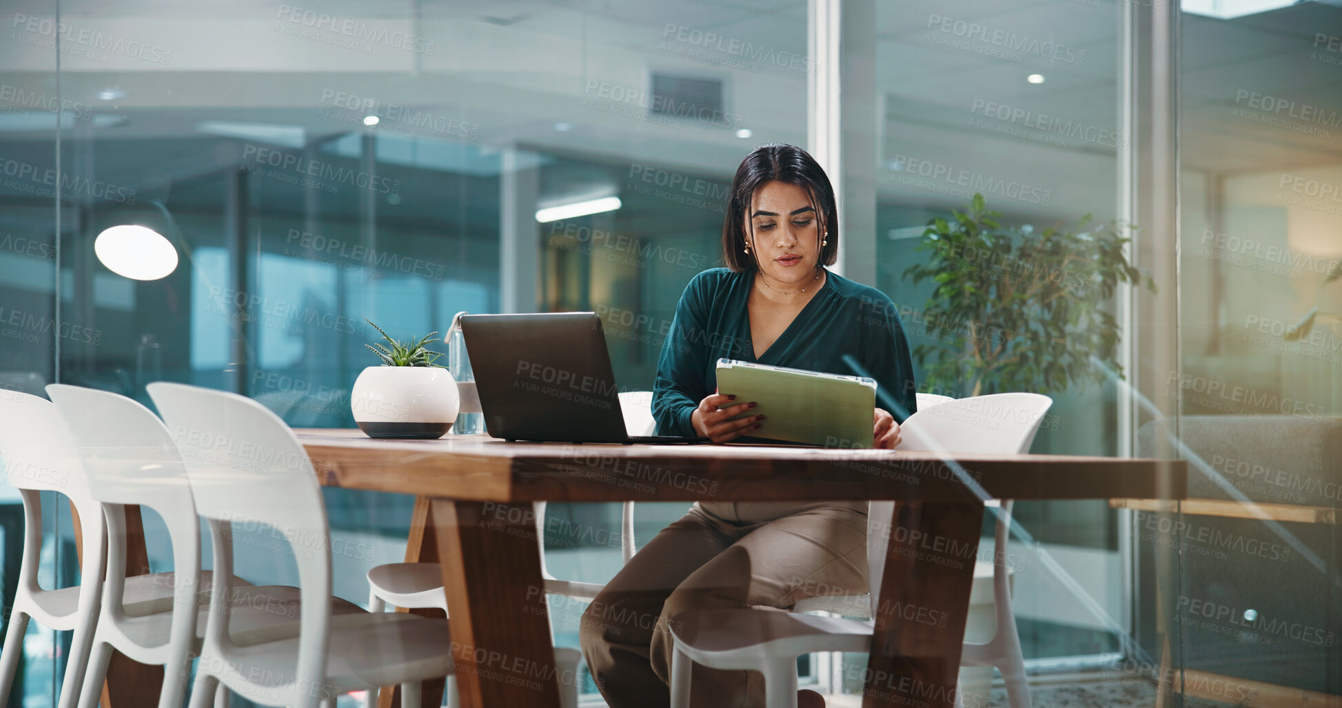 Buy stock photo Tablet, laptop and business woman in office for finance report, proposal and investment research. professional, corporate and person on digital tech for financial planning, risk assessment and budget