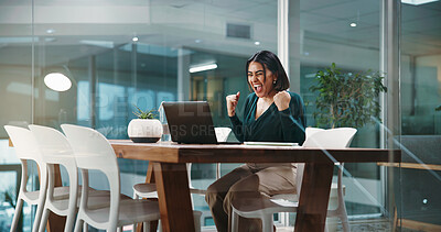 Buy stock photo Happy woman, winning and success with laptop in office for promotion, bonus or good news. Excited, female person or employee with fist pump on computer for achievement, victory or salary increase