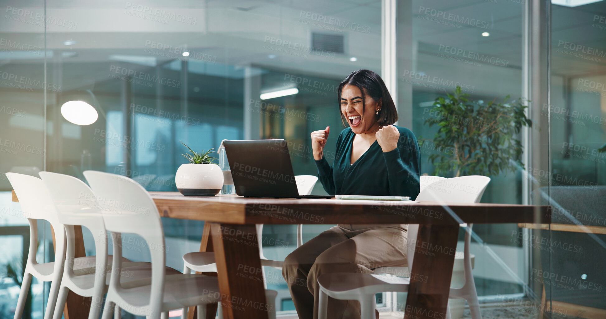 Buy stock photo Happy woman, winning and success with laptop in office for promotion, bonus or good news. Excited, female person or employee with fist pump on computer for achievement, victory or salary increase
