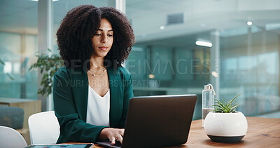 Buy stock photo Laptop, typing and businesswoman in office with finance project for client with investment proposal. Technology, research and female financial manager with computer for budget report in workplace.