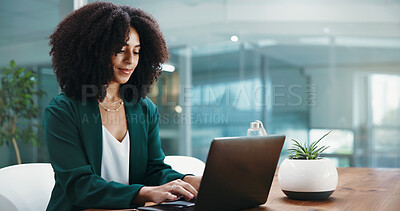 Buy stock photo Laptop, typing and businesswoman in office with corporate project for client with investment proposal. Technology, research and female financial manager with computer for budget report in workplace.