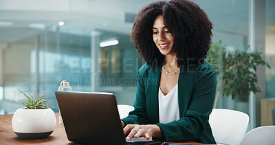 Buy stock photo Laptop, research and businesswoman in office with finance project for client with investment report. Technology, typing and female financial manager with computer for budget proposal in workplace.