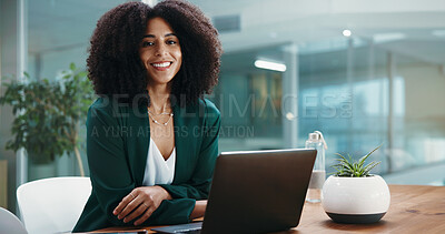 Buy stock photo Portrait, smile and business woman in office as corporate wealth consultant with laptop. African person, happy and confident worker with computer, about us or ambition as financial advisor with pride