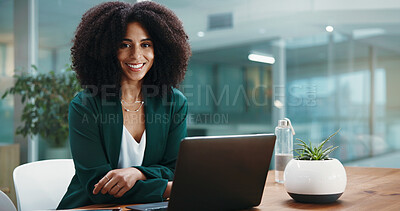 Buy stock photo Portrait, laptop and happy businesswoman in office as corporate claims consultant. African person, smile and confident worker with computer, about us and ambition as insurance broker with pride