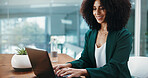 Happy woman, accountant and typing with laptop in office for financial report, analysis or review. Female person, analyst or employee with smile on computer for finance investment or budget proposal