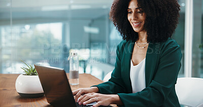 Buy stock photo Happy woman, accountant and typing with laptop in office for financial report, analysis or review. African person, analyst or employee with smile on computer for finance investment or budget proposal