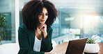 Ideas, laptop and businesswoman in office with research for thinking on investment proposal. Smile, computer and female financial manager with planning for corporate budget report in workplace.
