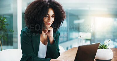 Buy stock photo Ideas, laptop and businesswoman in office with research for thinking on investment proposal. Smile, computer and female financial manager with planning for corporate budget report in workplace.