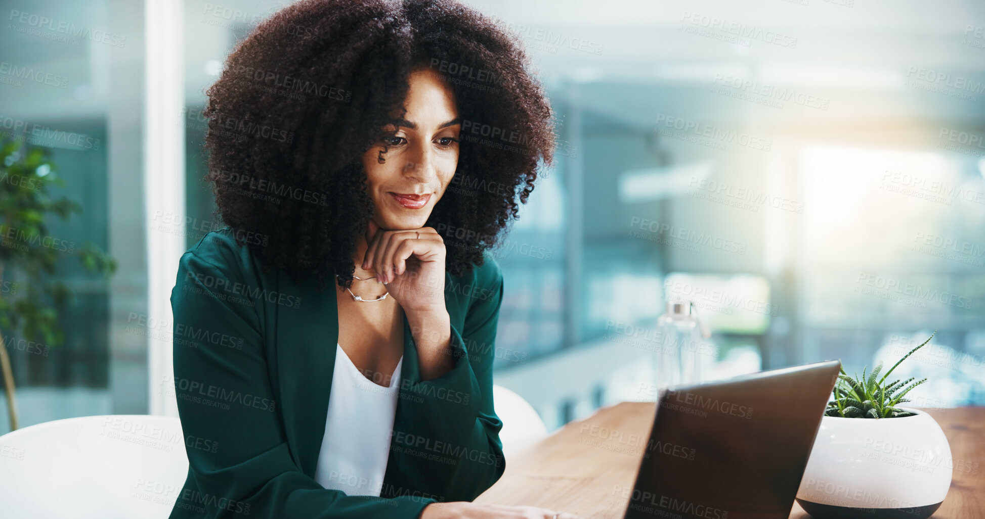 Buy stock photo Ideas, laptop and businesswoman in office with research for thinking on investment proposal. Smile, computer and female financial manager with planning for corporate budget report in workplace.