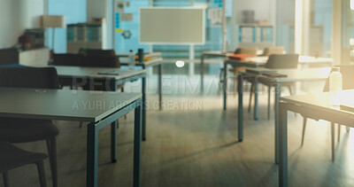 Buy stock photo Empty room, education and furniture of classroom on campus for lecture, college and learning space. University Interior, architecture and back to school with desk and whiteboard for flare and academy