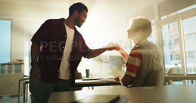 Buy stock photo Men, students and fist bump with test success, advice and assessment results in college. People, friends and classroom for scholarship, celebration and review exam score for education at university