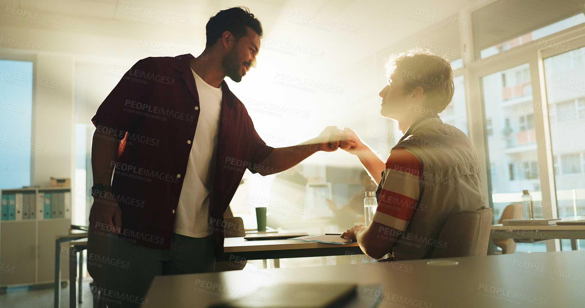 Buy stock photo Men, students and fist bump with test success, advice and assessment results in college. People, friends and classroom for scholarship, celebration and review exam score for education at university