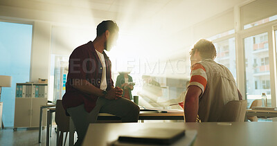 Buy stock photo Friends, students and discussion with test paper, advice and assessment results in college. People, men and classroom for scholarship, question and review exam score for education at university