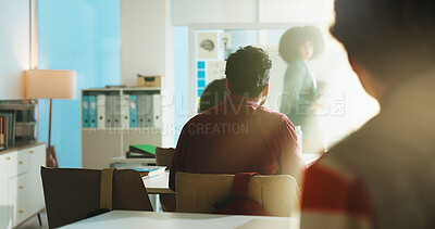 Buy stock photo Back, education and students in classroom of college or university for course, learning and study. Development, lecture and lesson with people in class at school for future, growth or knowledge