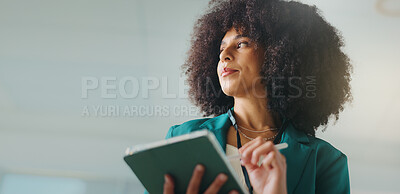 Buy stock photo Tablet, business woman and graphic designer thinking for idea, inspiration or insight and low angle. Planning, tech and artist with stylus for drawing, research or work on project at creative startup