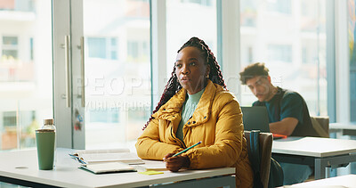 Buy stock photo Girl, book and listen in classroom at university, study and development with education, info or knowledge. Person, college student and lesson with notebook, learning and attention for scholarship