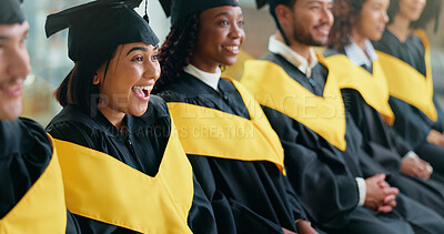 Buy stock photo College, success and smile with woman at graduation for alumni ceremony, achievement and diploma pride. University, masters degree and academy milestone with people or students on campus for future