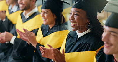 Buy stock photo University, applause and people with celebration, graduation and smile with achievement. Happy students, friends and event with success, clapping and cheering with goals, higher education or college