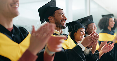 Buy stock photo Ceremony, clapping and students with celebration, graduation and cheering with achievement. University, women and happy men with success, applause and smile with goals, education or qualification