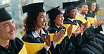 Happy people, students or graduation with applause in celebration for qualification or ceremony. Excited group, friends or graduates clapping with smile for achievement, education or scholarship