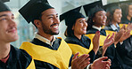 Happy man, applause and graduation with success at college for achievement, goal or education event. People, students or smile at ceremony for learning milestone, celebration or group at university